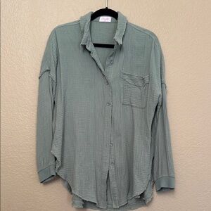 Pink Lily Button Front Sage Green Blouse- Small